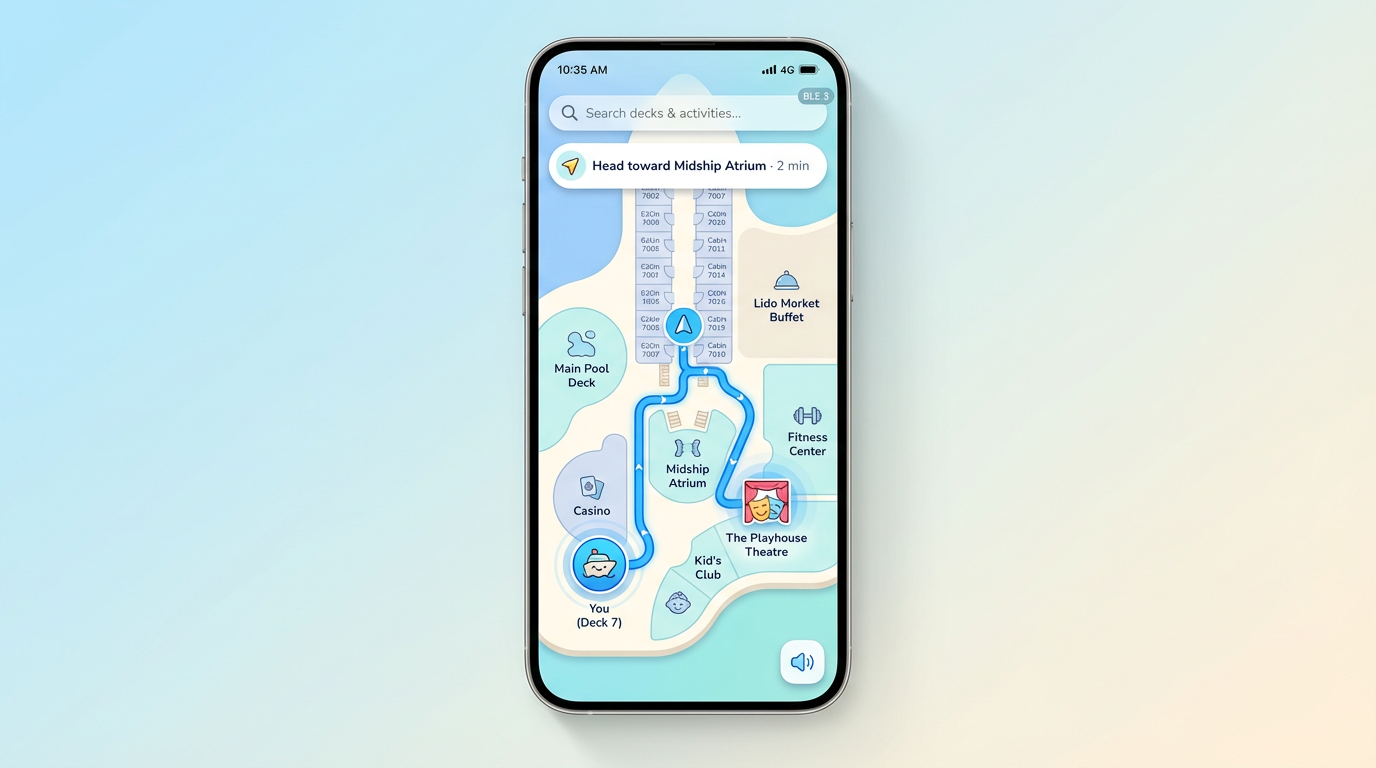 Example app CruiseM8 on a phone showing indoor deck navigation